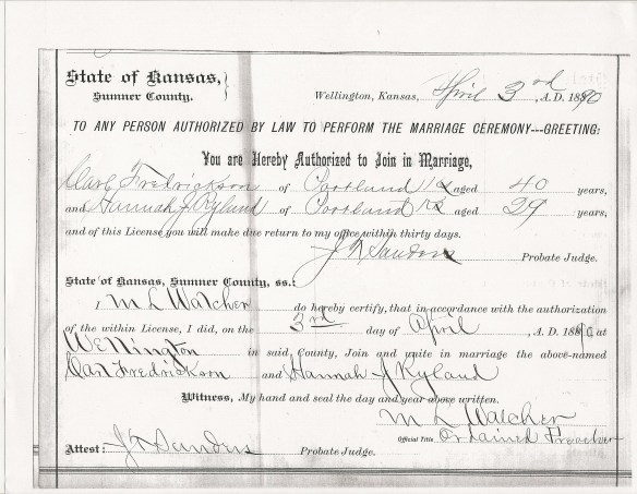 Hannah Carl 1890 Marriage Lic